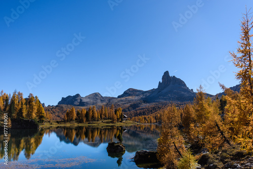 Lake Federa, Dolomites. Autumn colors and reflections