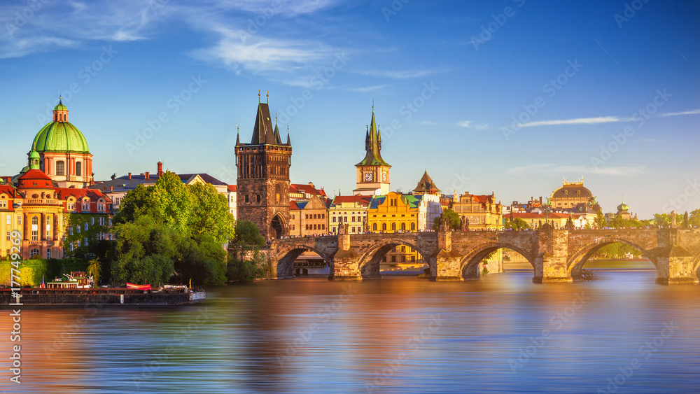 Naklejka premium Scenic spring sunset aerial view of the Old Town pier architecture and Charles Bridge over Vltava river in Prague, Czech Republic