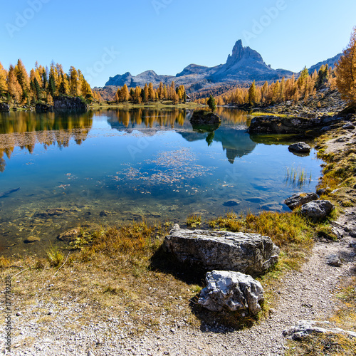 Lake Federa, Dolomites. Autumn colors and reflections