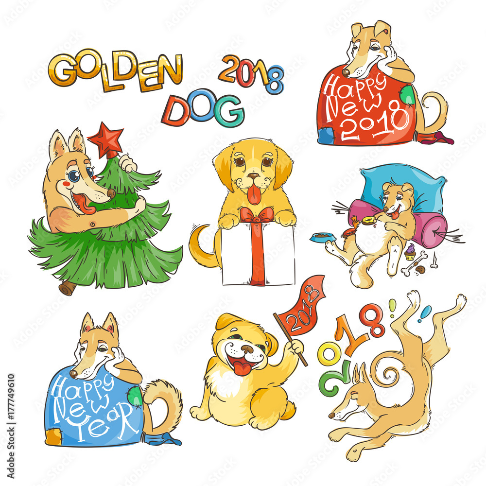 Fototapeta premium Hand drawn collection with a cute doodle dogs. 2018 vector chinese symbol and lettering.