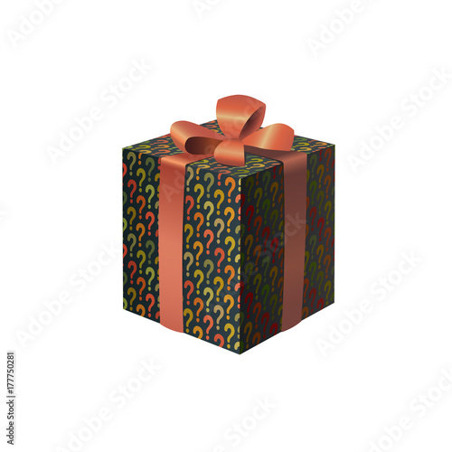  A colorful gift box with a bow and question marks print eps10 isolated vector illustration