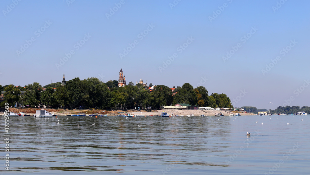 Zemun,Serbia,view from the river Danube,with seagulls in the front Zemun,Serbia,view from the river Danube,with seagulls in the front