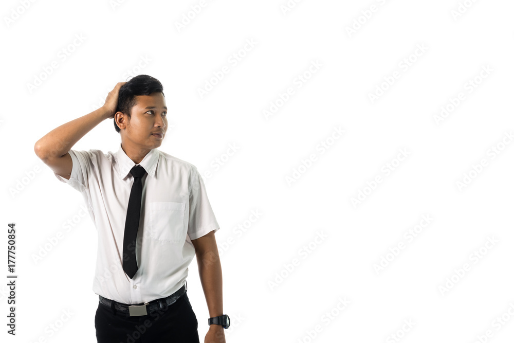 Portrait of a business man thinking with suit. Isolated on white background with copy space Portrait of a business man thinking with suit. Isolated on white background with copy space