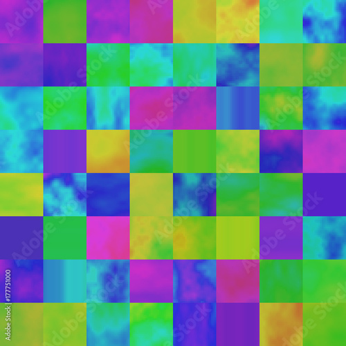 Colorful abstract background with saturated glitched screen. Modern seamless pattern with shuffled pixel mosaic. Endless texture with corrupted image. Element of design in psychedelic rave aesthetic.