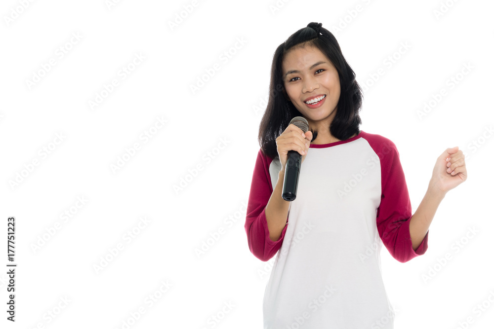 Beautiful asian woman sing a song to microphone, portrait studio on white background Beautiful asian woman sing a song to microphone, portrait studio on white background