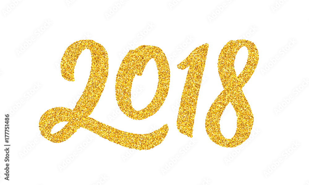 Happy New Year 2018 greeting card design template with golden text on white background. Calligraphy for chinese year of the dog. Vector illustration Happy New Year 2018 greeting card design template with golden text on white background. Calligraphy for chinese year of the dog. Vector illustration