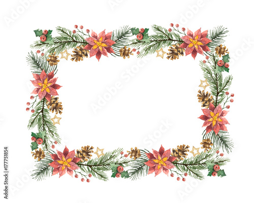 Watercolor vector Christmas frame with fir branches and flower poinsettias.