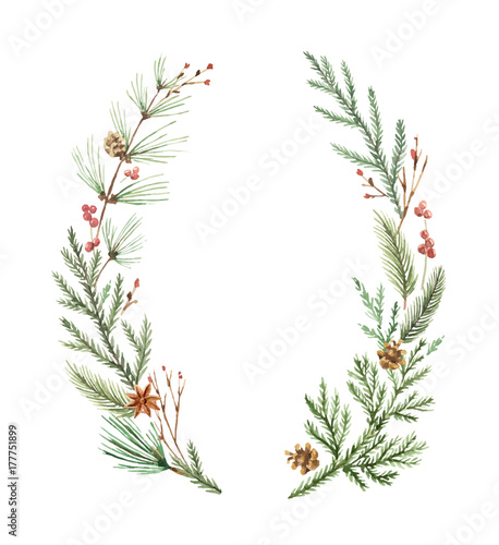 Watercolor vector Christmas wreath with fir branches and place for text.