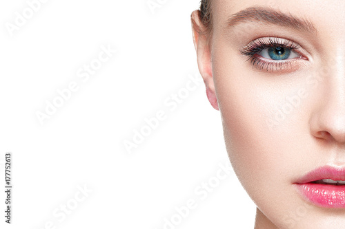 Beautiful woman portrait with fresh clear nude make up, healthy skin, skin care.
