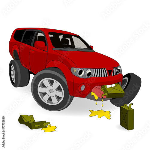 Absolutely no the fuel economy. Big cartoon gas guzzler SUV eats gasoline. Vector illustration