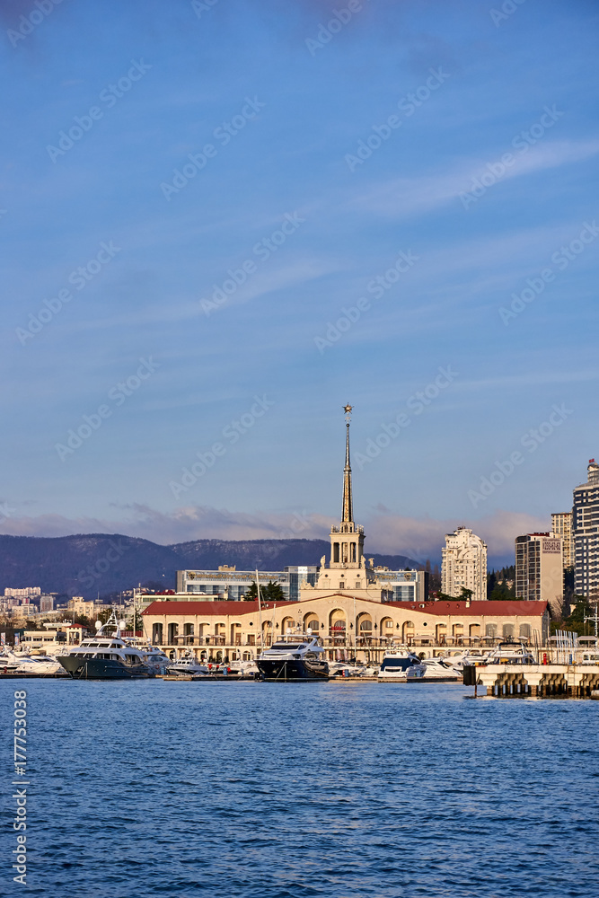 Seaport building  at sunset in Sochi, Russia