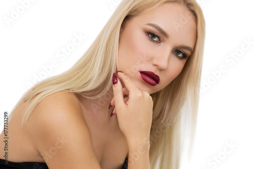 Beauty Woman face Portrait Beautiful Spa model Girl with Perfect Fresh Clean Skin. Woman nail manicure lipstick same color blonde hair Youth and Skin Care Concept. Isolated on a white background