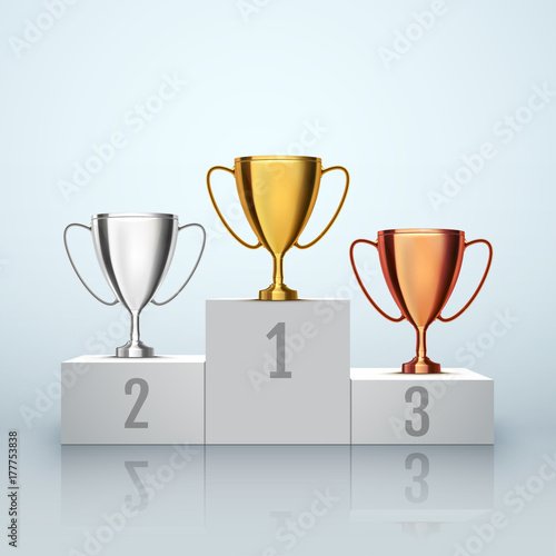Winner background. Trophy Cups on prize podium. Vector illustration