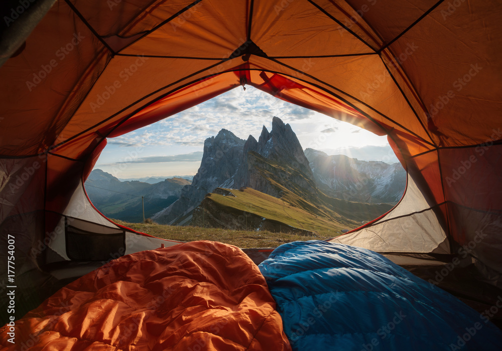 View from tent to the mountain. Sport and active life concept - obrazy, fototapety, plakaty 