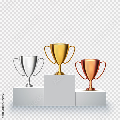 Winner background. Trophy Cups on prize podium. Vector illustration