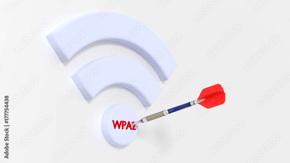 White Wifi symbol with WPA2 on the dot on white background hit by a dart
