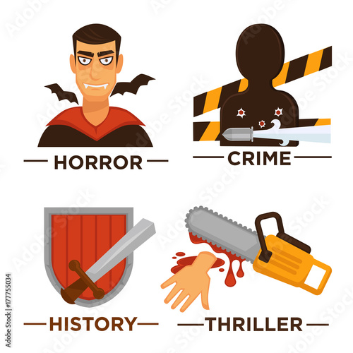 Movie genre icons. Vector flat isolated symbols set for cinema or channel movie genre tag.