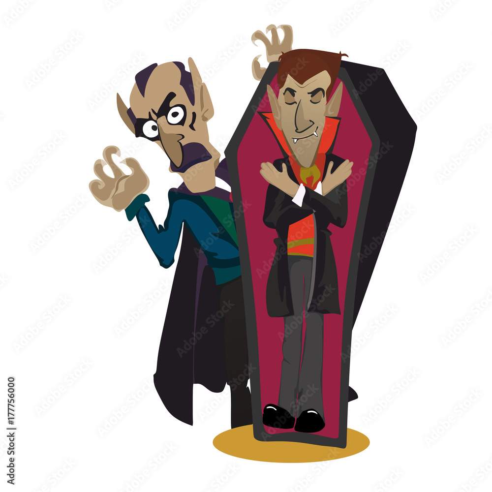 Halloween vampire in coffin, Draculas monster in cloak flat vector illustrations, good for party invitation or flyer, greeting card Halloween vampire in coffin, Draculas monster in cloak flat vector illustrations, good for party invitation or flyer, greeting card