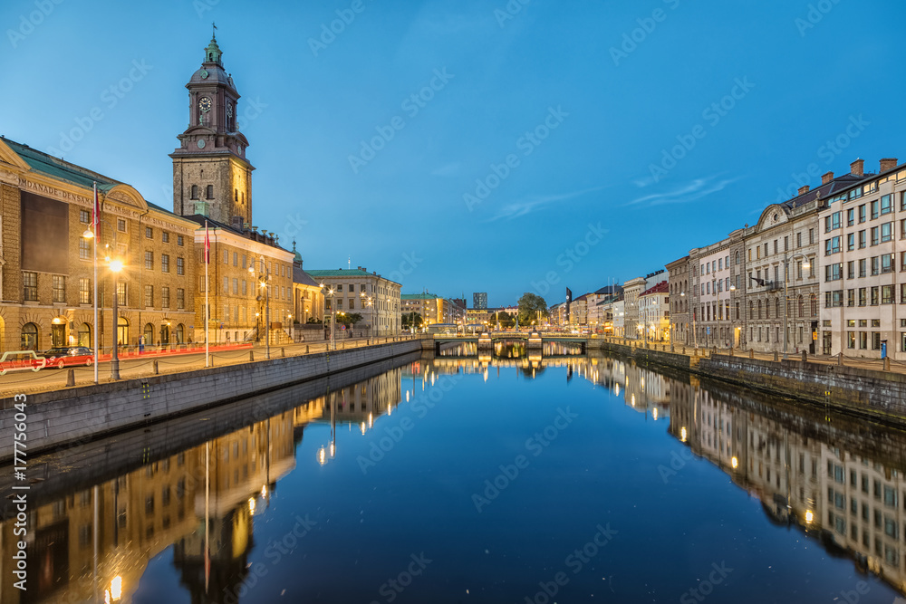 Cityscape with Big Harbor Canal and German Church (Christinae Church) at dusk in Gothenburg, Sweden