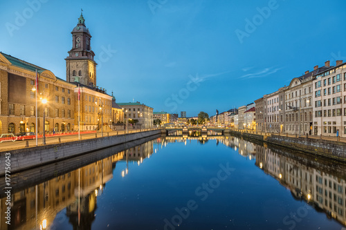 Cityscape with Big Harbor Canal and German Church (Christinae Church) at dusk in Gothenburg, Sweden