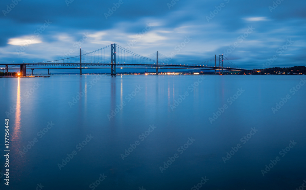 Forth Road Bridges at Night / Queensferry Crossing a road bridge in Scotland, built alongside the existing Forth Road Bridge across the Firth of Forth between South and North Queensferry