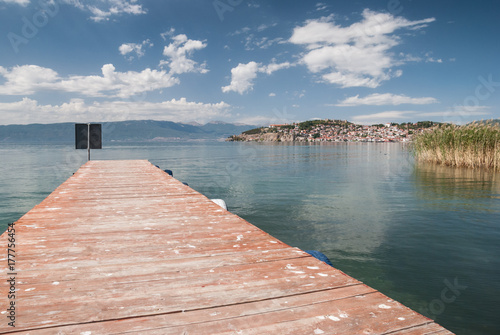 Wooden pier and cityscape of Ohrid, Macedonia