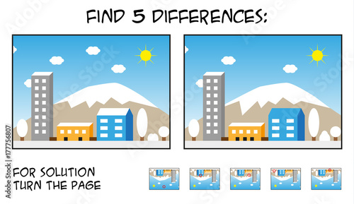 Child game - find 5 differences in pictures with city landscape theme during snow sunny day