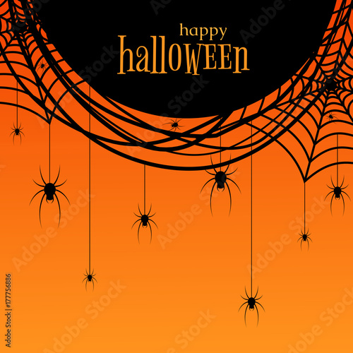 A poster with a spider web and spiders The text of Happy Halloween Vector