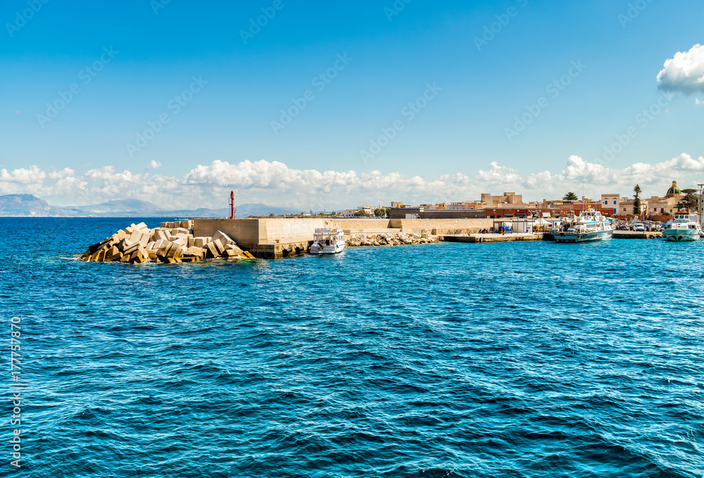View of Favignana harbor, one of the Egadi Islands in the Mediterranean Sea in Sicily, Italy