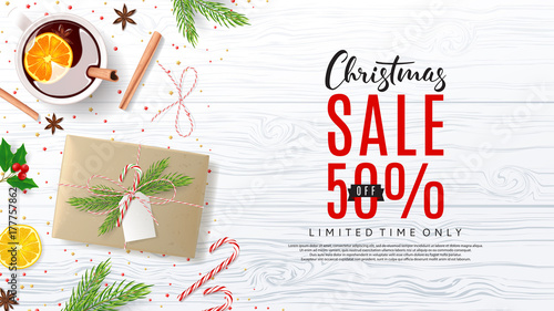 Christmas Web Banner for Xmas Promo. Top View on Festive Decoration with Paper Gift Boxes for Happy New Year. Vector Illustration with Discount Sale. Greeting Card with Lettering.