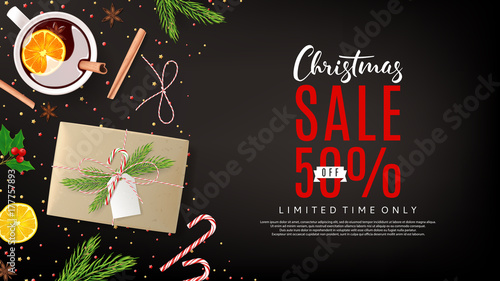 Merry Christmas Web Banner for Xmas Promo. Vector Illustration with Discount Sale. Top View on Festive Decoration with Paper Gift Boxes for Happy New Year. Greeting Card with Lettering.