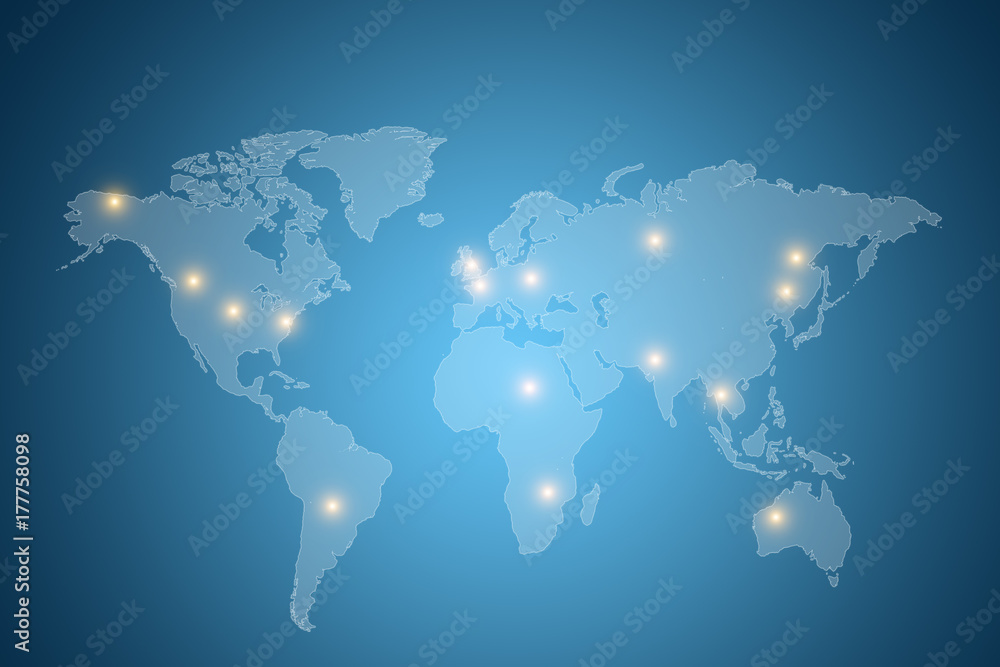 World map with lights on different countries with blue background World map with lights on different countries with blue background