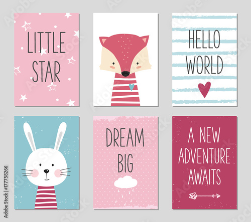 Birthday cards with cartoon fox and bunny for baby girl and kids. Can be used for baby shower, birthday, party invitation. 