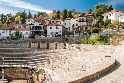 Ancient Roman Theatre against Samoil Fortress in Ohrid, Macedonia photo