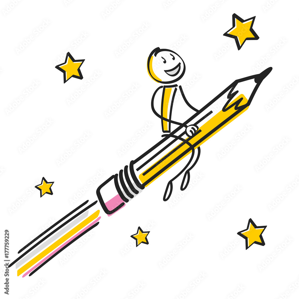Fototapeta premium Strichmännchen mit Bleisstift Rakette