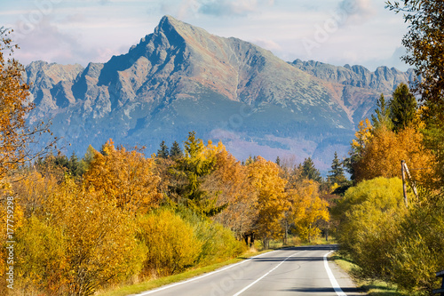 autumn road with Krivan peak, High tatras, Slovakia