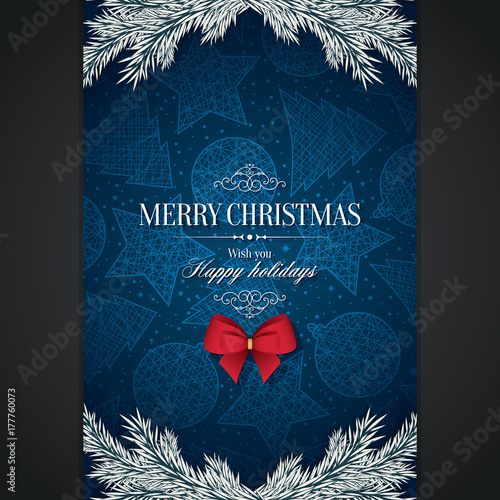 Christmas and New Year. Vector greeting card with red bow and Christmas tree