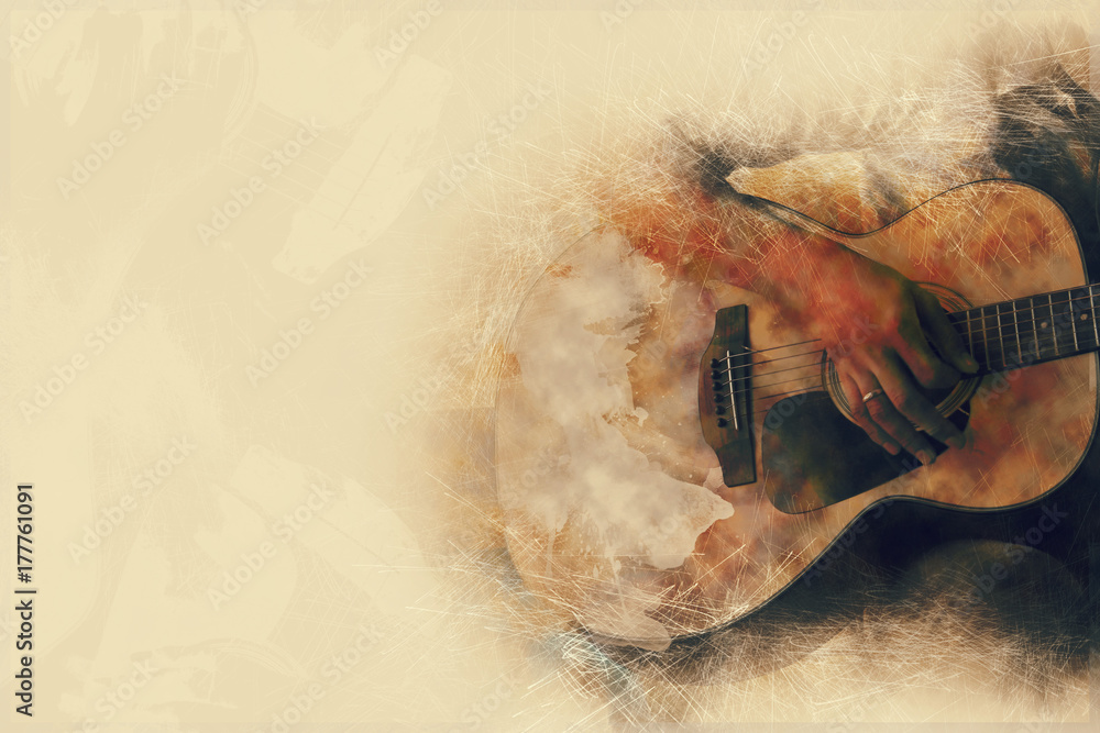 Obraz premium Abstract beautiful playing Guitar in the foreground, Watercolor painting background and Digital illustration brush to art. 