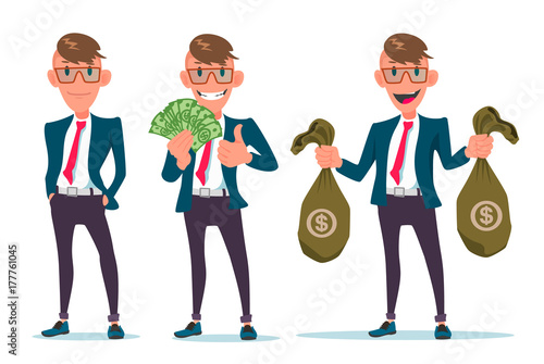 Smiling businessman character hold money bags. Financial success concept. Vector flat cartoon illustration