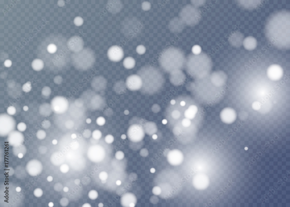 Vector falling snow effect isolated on transparent background with blurred bokeh.