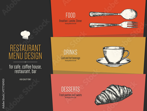 Restaurant menu design. Vector menu brochure template for cafe, coffee house, restaurant, bar. Food and drinks logotype symbol design. With a sketch pictures