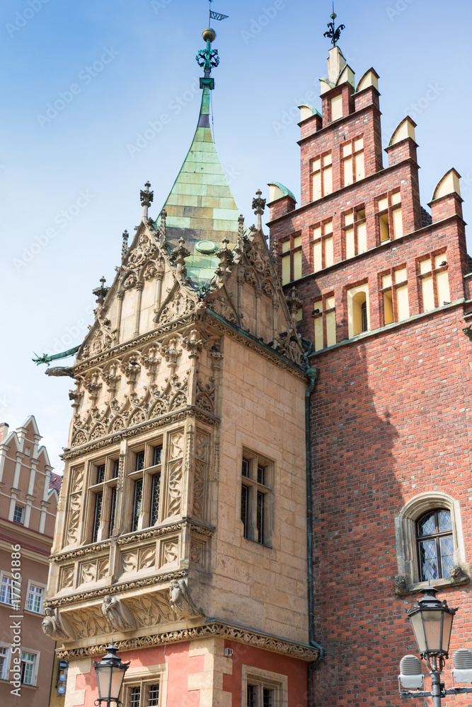 Wroclaw historical capital of Lower Silesia, Poland, beautiful Old Town,  facade of the town hall