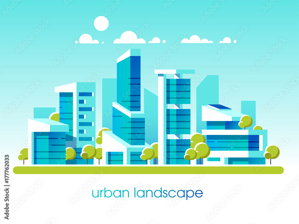 Green energy and eco friendly city. Modern architecture, buildings, skyscrapers. Flat vector illustration. 3d style.