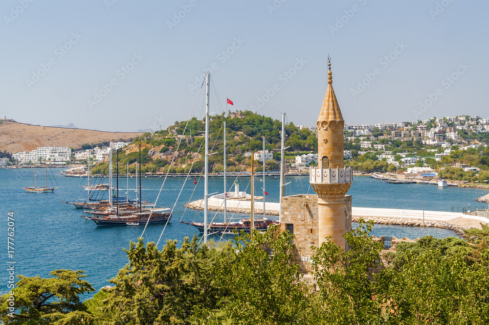 Sunny view of harbour from Castle of St. Peter, Bodrum, Mugla province, Turkey.