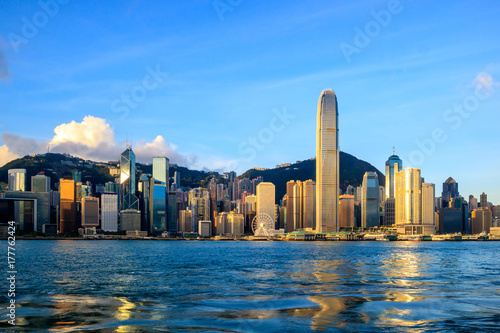 Hong Kong skyline, skyscraper building cityscape, Victoria Harbor view in morning sunrise
