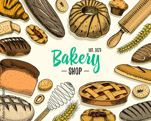 bread and pastry donut long loaf and fruit pie. sweet bun or croissant, muffin and toasts. engraved hand drawn in old sketch and vintage style for label and menu bakery shop. organic food background.