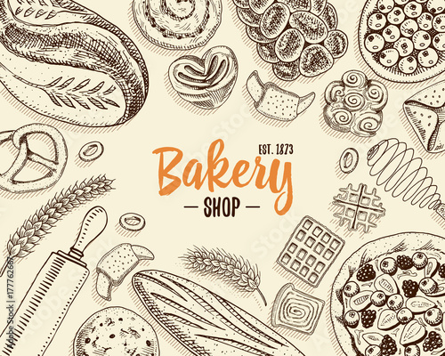bread and pastry donut long loaf and fruit pie. sweet bun or croissant, muffin and toasts. engraved hand drawn in old sketch and vintage style for label and menu bakery shop. organic food background.
