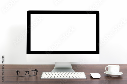 Conceptual workspace, Laptop and mouse isolated blank screen
