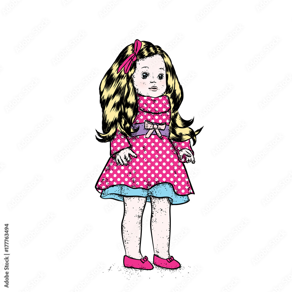 A beautiful doll in a dress and children's toys - a ball, a clock, a designer and sunglasses. Vector illustration. Cute Girl. A beautiful doll in a dress and children's toys - a ball, a clock, a designer and sunglasses. Vector illustration. Cute Girl.
