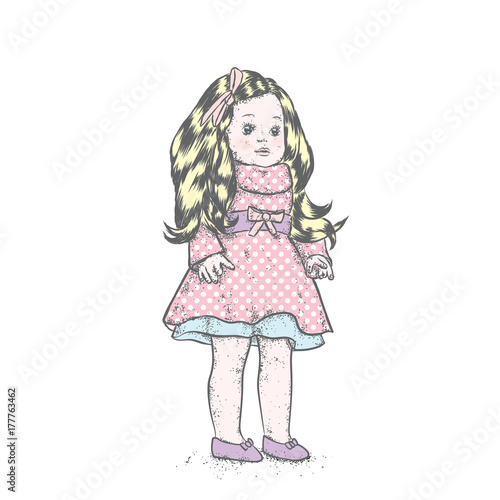 A beautiful doll in a dress and children's toys - a ball, a clock, a designer and sunglasses. Vector illustration. Cute Girl. © juliagrin